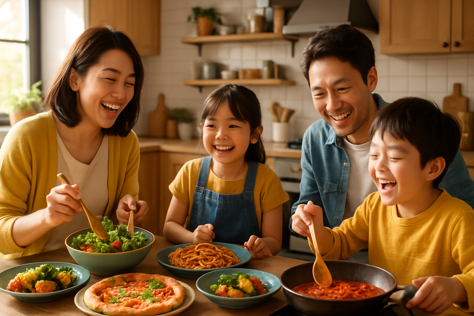 家族で楽しく料理をしている様子